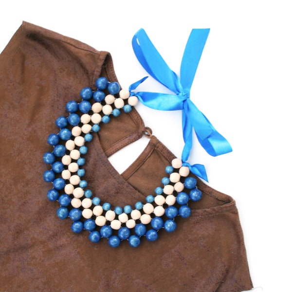 Handmade Blue Wood Bead Bib Necklace for Women - Bold Chunky Collar Statement Jewelry from Ukraine, Nature-inspired Artisan jewelry