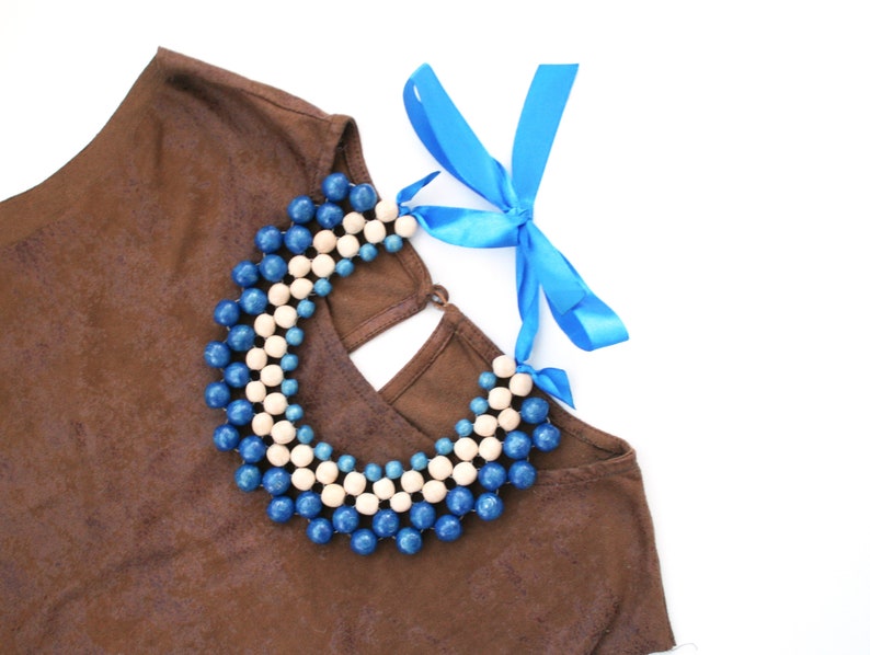 Handmade Blue Wood Bead Bib Necklace for Women Bold Chunky Collar Statement Jewelry from Ukraine, Nature-inspired Artisan jewelry image 1