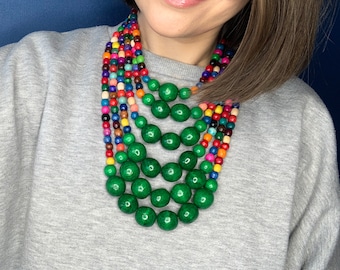 Chunky Statement Large Bead Necklace, Rainbow Colored Artisan Necklace, Multilayer Wooden Bead Necklace