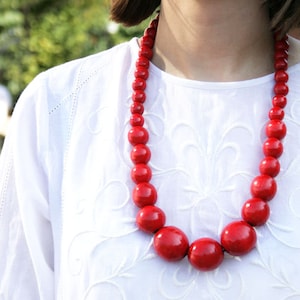 Handmade Ethnic Red wooden bead necklace for women from Ukraine, chunky beaded natural necklace, Bold Statement ukrainian wood jewelry