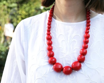 Handmade Ethnic Red wooden bead necklace for women from Ukraine, chunky beaded natural necklace, Bold Statement ukrainian wood jewelry
