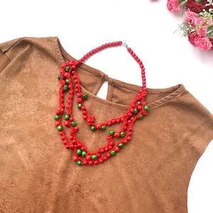 Red wood bead necklace, ukrainian wooden bead necklace for women, bright multi layer necklace, ethical 3 layer necklace
