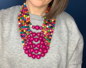 Statement Bright Ladies Long Wooden Necklace, Chunky Wood Bead Necklace  for Women, Large Multi Strand Beaded Necklace