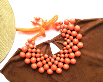 Orange beaded necklace, large wooden bead necklace, handmade statement necklace for woman, chunky natural wood necklace from Ukraine