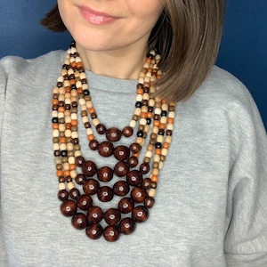 Large Wood Bead Necklace for Women, Bohemian Long Layered Beads Necklace - Statement Brown Wooden Multi-Strand Necklace