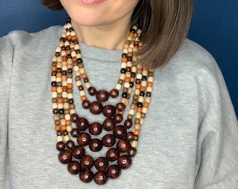 Large Wood Bead Necklace for Women, Bohemian Long Layered Beads Necklace - Statement Brown Wooden Multi-Strand Necklace