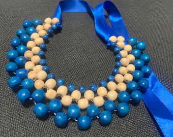 Bold chunky wood bead necklace for woman, blue statement wooden necklace, beaded bib collar necklace, homemade jewelry from Ukraine