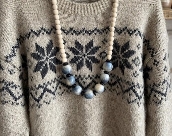 Chunky beaded necklace for women, Long wood bead necklace