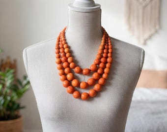 Handmade Orange Wood Bead Necklace: Chunky Boho Statement Jewelry