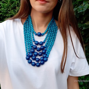 Blue wooden multi strand necklace for women, teal long beaded statement necklace, boho multi layer chunky necklace, wooden layered necklace