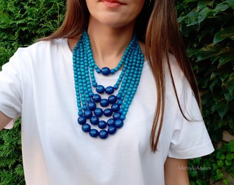 Blue wooden multi strand necklace for women, teal long beaded statement necklace, boho multi layer chunky necklace, wooden layered necklace