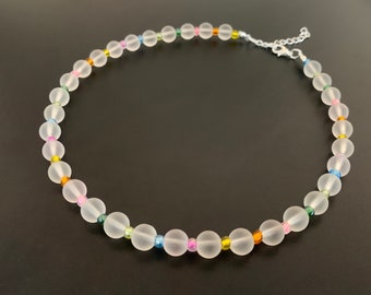 Clear Glass Bead Necklace - Rainbow Czech Seed Bead Choker, Aesthetic Cute Women's Necklace