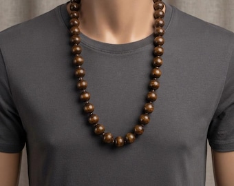Unisex statement necklace, Dark brown wooden bead necklace, 30 inch large wood jewelry, long chunky wood beads