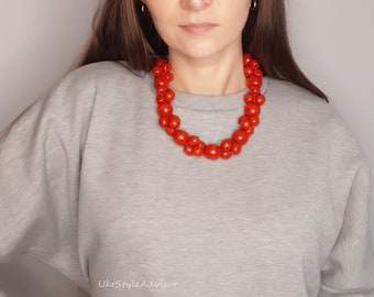 Red Chunky Wood Bead Necklace with Red Beads - Statement Boho Jewelry from Ukraine