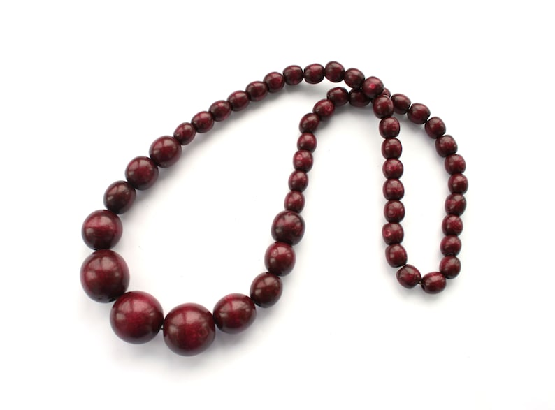 wood statement necklace natural wooden bead necklace Burgundy bead necklace for women long beaded necklace dark red handmade jewelry
