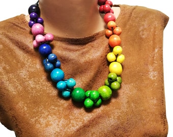 Collana di perline di legno multicolore da donna, collana di perline di legno grosso colorato, collana arcobaleno regolabile, collana di perline dai colori vivaci