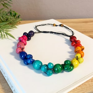 Multicolor wooden bead necklace for women, colorful chunky wood bead necklace, adjustable rainbow necklace, bright colored beaded necklace