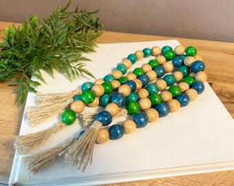 Rustic Wood Bead Garland with Tassels - Blue Green or Turquoise Coastal Decor, Boho Farmhouse Mantle Beads