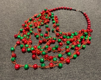 Collana multistrato in legno per donne, collana verde rosso, collana in legno grosso, collana di perline di legno