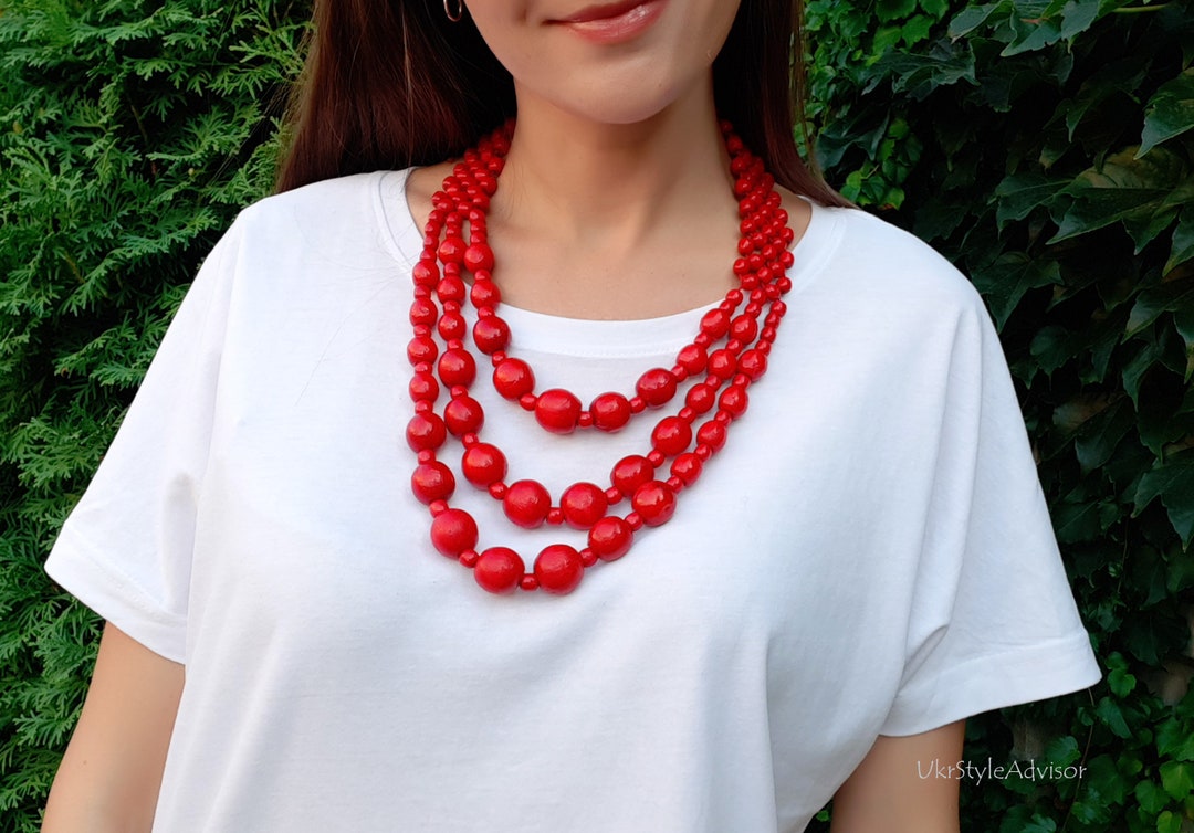 Red Wood Bead Necklace for Women Ukrainian Chunky Multistrand Ethnic Necklace Traditional 3 Strand Necklace Handmade Natural Jewelry Etsy Norway