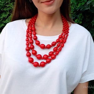 Red wood bead necklace for women, ukrainian chunky multistrand ethnic necklace, traditional 3 strand necklace, handmade natural jewelry