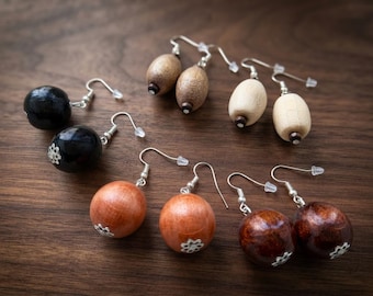 Set of 5 Pairs Natural Wood Earrings Bundle, Eco-Friendly Wooden Drop Earrings Pack, Minimalist Boho Earring Set, Handmade Gift for Her