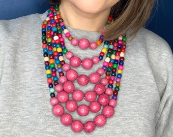 Gros collier de perles en bois multirangs pour femme, longs colliers en bois brillants, grand collier de perles d'Ukraine