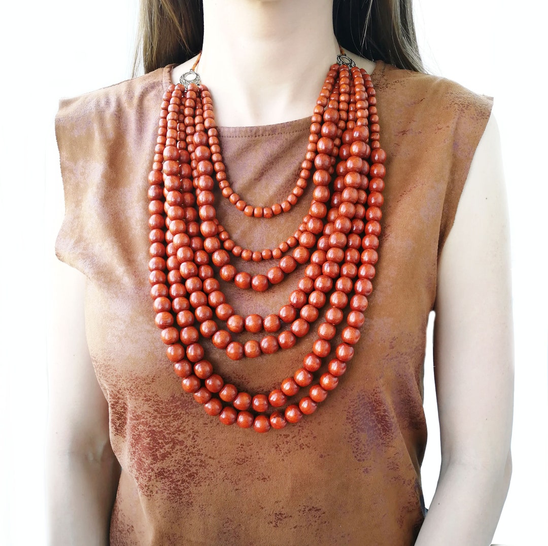 Large Wood Bead Necklace Long Brown Multistrand Beaded Etsy