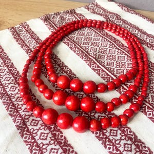 Traditional Ukrainian Red Beaded Necklace - Multistrand Wood Bead Necklace for Vyshyvanka, Slavic Folk Jewelry