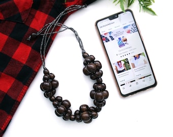 Handmade Brown Wooden Bead Necklace: Boho Statement Jewelry