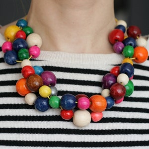 Wooden colorful necklace for women, chunky rainbow bead necklace, statement multi color bib necklace, bold big bead necklace