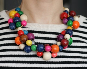 Wooden colorful necklace for women, chunky rainbow bead necklace, statement multi color bib necklace, bold big bead necklace