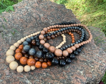 Chunky Wood Bead Necklace - Statement Large Natural Beads Jewelry