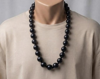 Black wooden bead necklace, mens chunky wood jewelry, bold rustic statement necklace