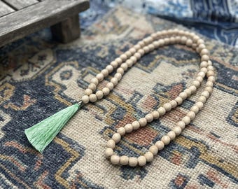 Long Boho Tassel Necklace with Mint Green Tassel, mala wood bead necklace, Everyday Hippie Chic Necklace