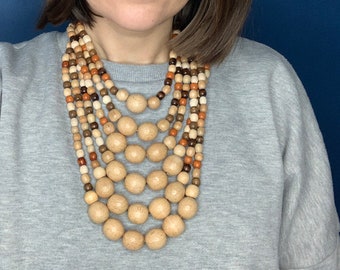 Chunky Wooden Bead Necklace for Women, Statement Wood Bead Large Multi Strand Beaded Necklace, Big Bead Jewelry
