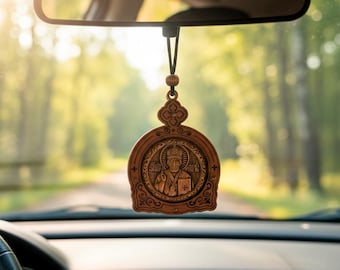 Christian Car Hanging Pendant with Icon Cross | Wooden Religious Car Charm | Orthodox Christian Auto Decor