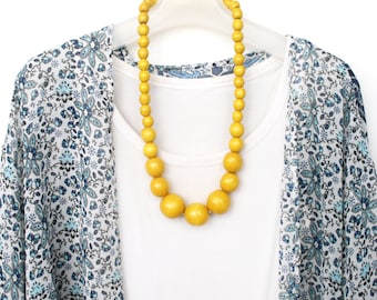 Yellow wooden bead necklace, big statement wood bead necklace, boho large beaded necklace, bright natural wooden chunky jewelry