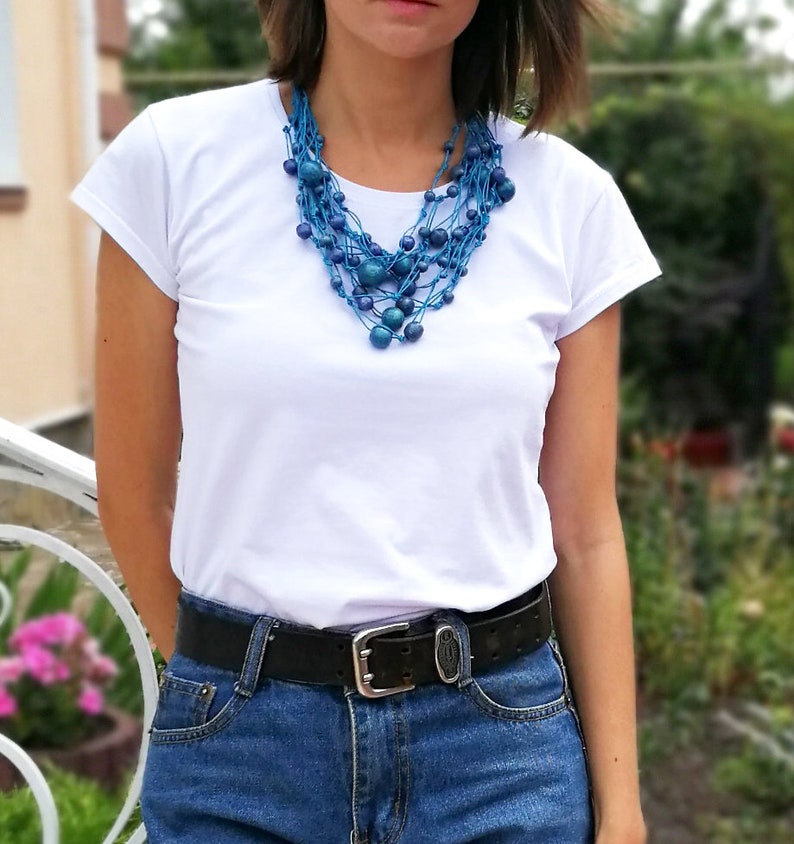 Natural Wood Beaded Necklace Multi-Strand Statement Necklace Boho Chic Style