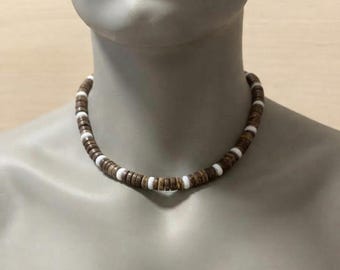 Coconut choker necklace, surf short beaded collar, mens and womens boho jewelry