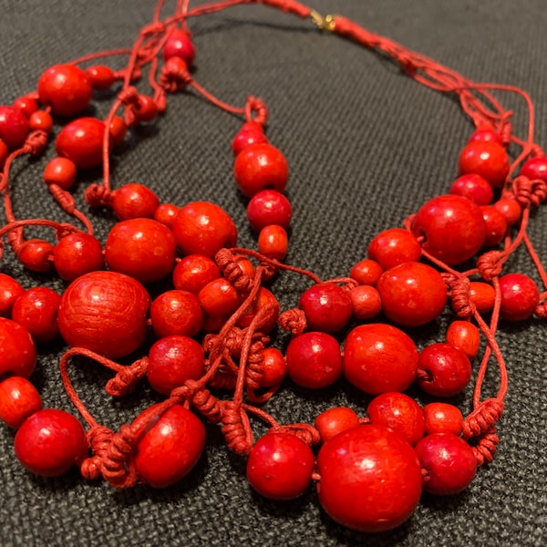 Ethnic Eco-Friendly Necklace for Women, Ukrainian Multilayered Statement Handmade Red Wood Bead necklace, Chunky Multistrand Bib Necklace