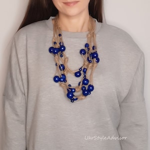 Boho Jute and Blue Wooden Bead Necklace for Women - Statement Chunky Necklace, Ukrainian Handmade Jewelry