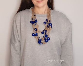 Collar de yute boho y cuentas de madera azul para mujeres - Declaración Collar grueso, joyería hecha a mano ucraniana