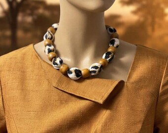 Leopard Print Fabric Choker, Animal Pattern Textile Bead Necklace, 16" Safari Style Choker with Honey Wood, Bold Statement Jewelry