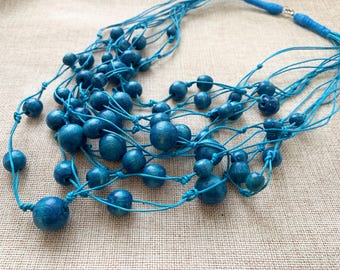 Blue Wood Bead Necklace: Chunky Boho Statement Jewelry