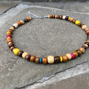 Wooden bead choker, boho summer indie necklace, Random beaded necklace, Hippie multicolor Wood Bead Necklace, earthy wooden bead jewelry