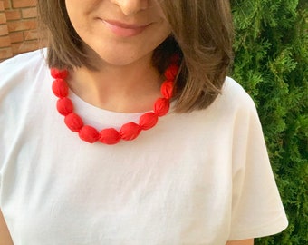 Red Cotton Fabric Covered Bead Necklace - Handmade Wood Bead Necklace - Ecofriendly Fall Women's Jewelry