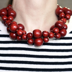 Chunky dark red wooden bead necklace for women, statement maroon burgundy Earthy Rustic necklace, handmade natural Ukrainian jewelry