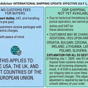 May include: An informational graphic titled UkrStyleAdvisor International Shipping Update effective July 1, 2026. The left blue panel details pre-paid duties for the USA, UK, and most EU countries. The right green panel lists specific EU countries where DDP shipping is not available and additional fees may apply upon arrival.