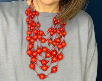 Red Wooden Multistrand Statement Necklace for Women - Chunky Handmade Wood Bead Necklace, Modern Bohemian Style
